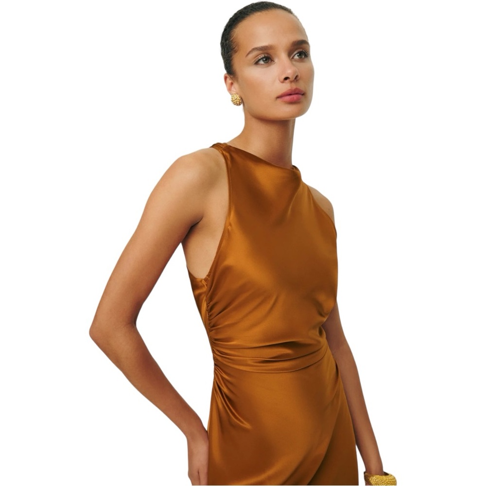 Reformation Glossy Copper-Brown Satin Midi Dress - Picture 3 of 11